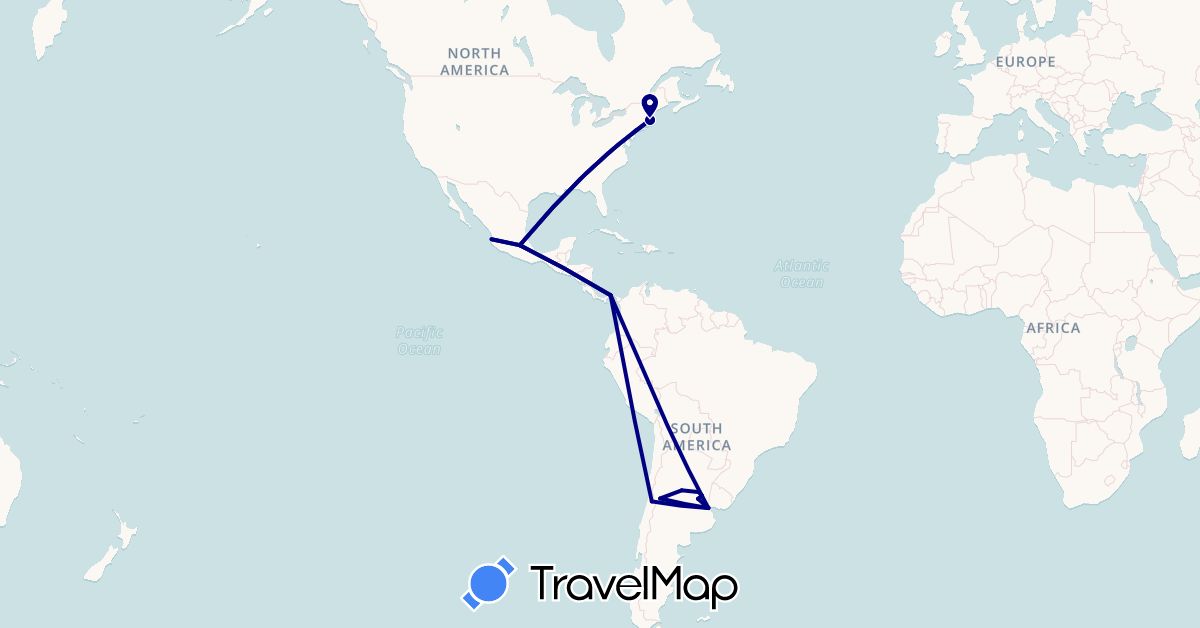 TravelMap itinerary: driving in Argentina, Chile, Mexico, Panama, United States (North America, South America)